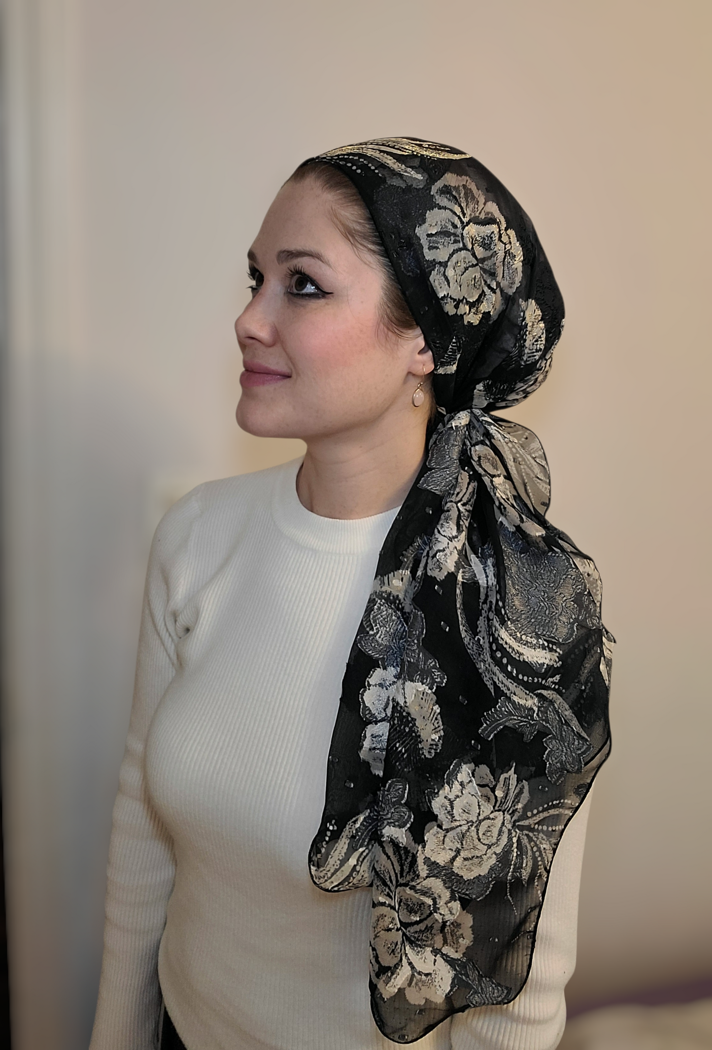Rinati Black/Cream Floral Long Scarf with Scrunchie