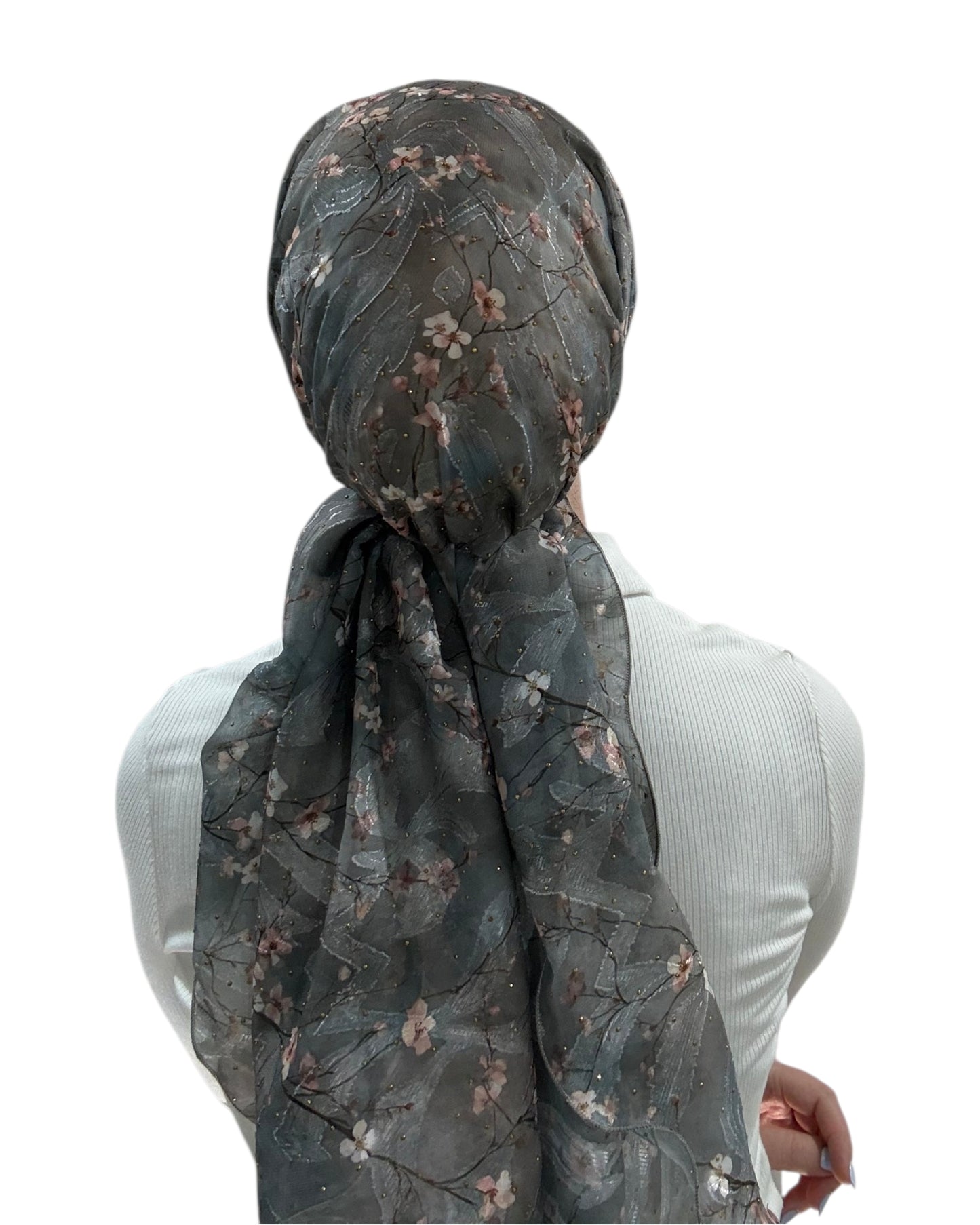 Rinati Grey Floral Long Scarf With Rhinestones