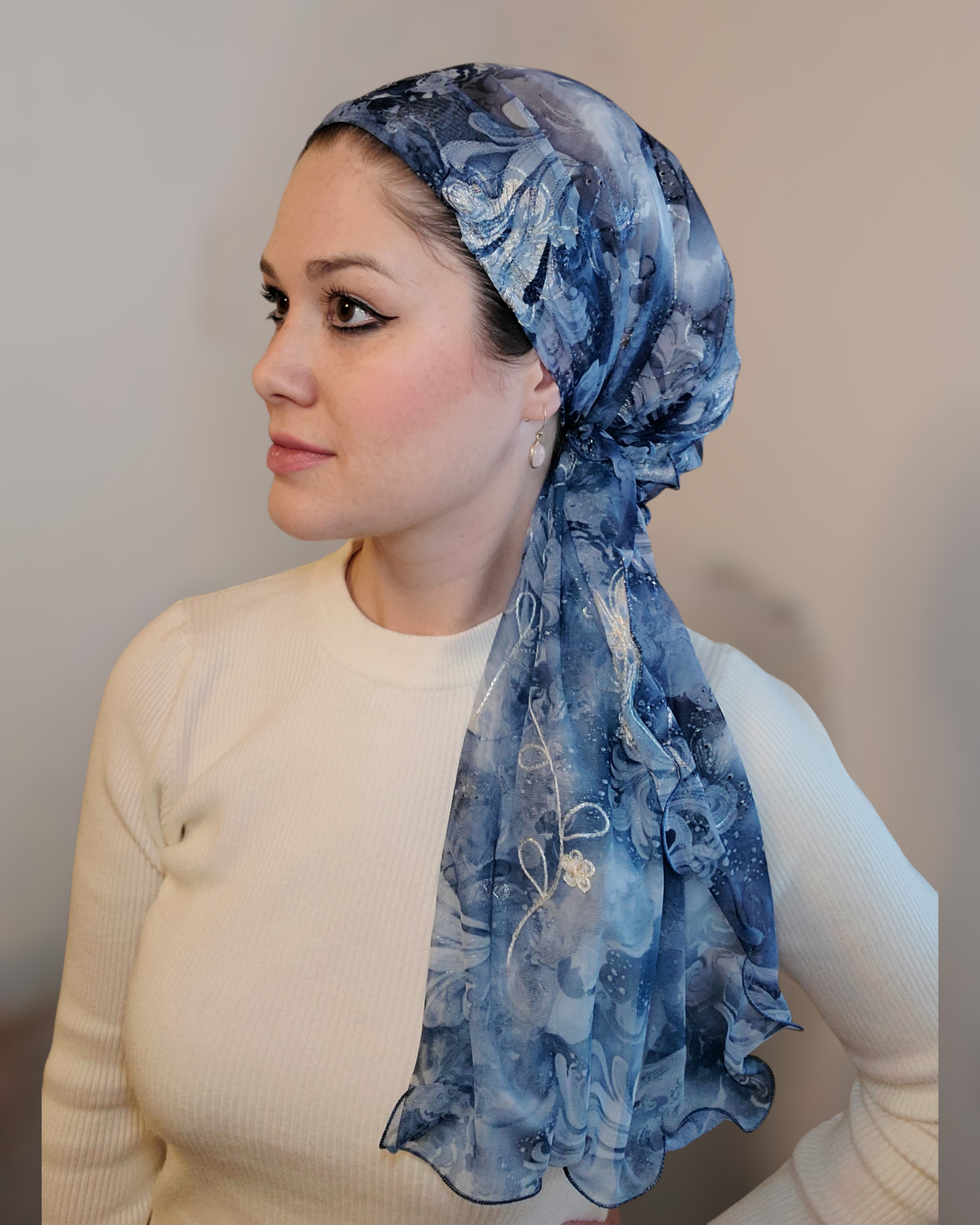 Rinati Floral Blue Paisley Long Scarf with Scrunchie