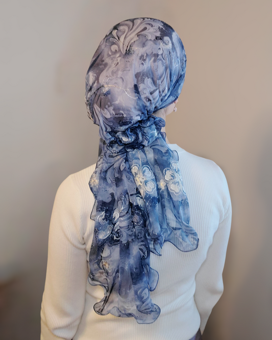 Rinati Floral Blue Paisley Long Scarf with Scrunchie