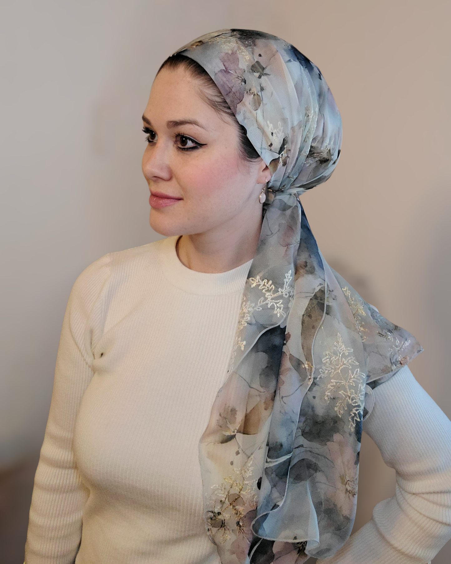 Rinati Grey Floral Long Scarf with Scrunchie