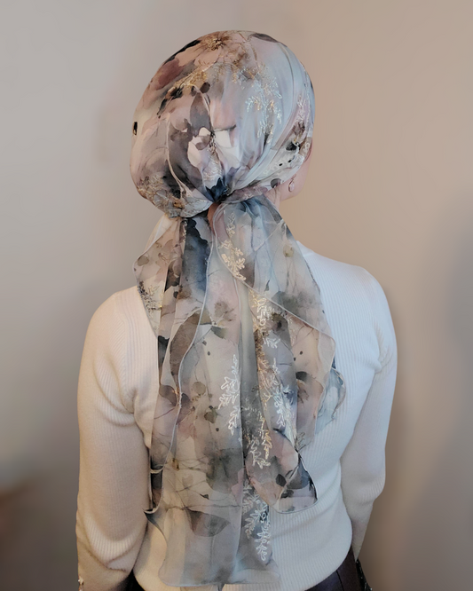 Rinati Grey Floral Long Scarf with Scrunchie