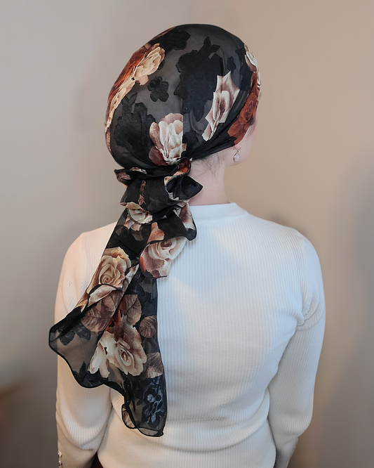 Rinati Black Floral Long Scarf with Scrunchie