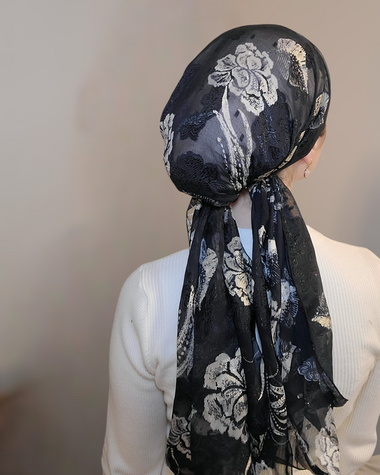 Rinati Black/Cream Floral Long Scarf with Scrunchie