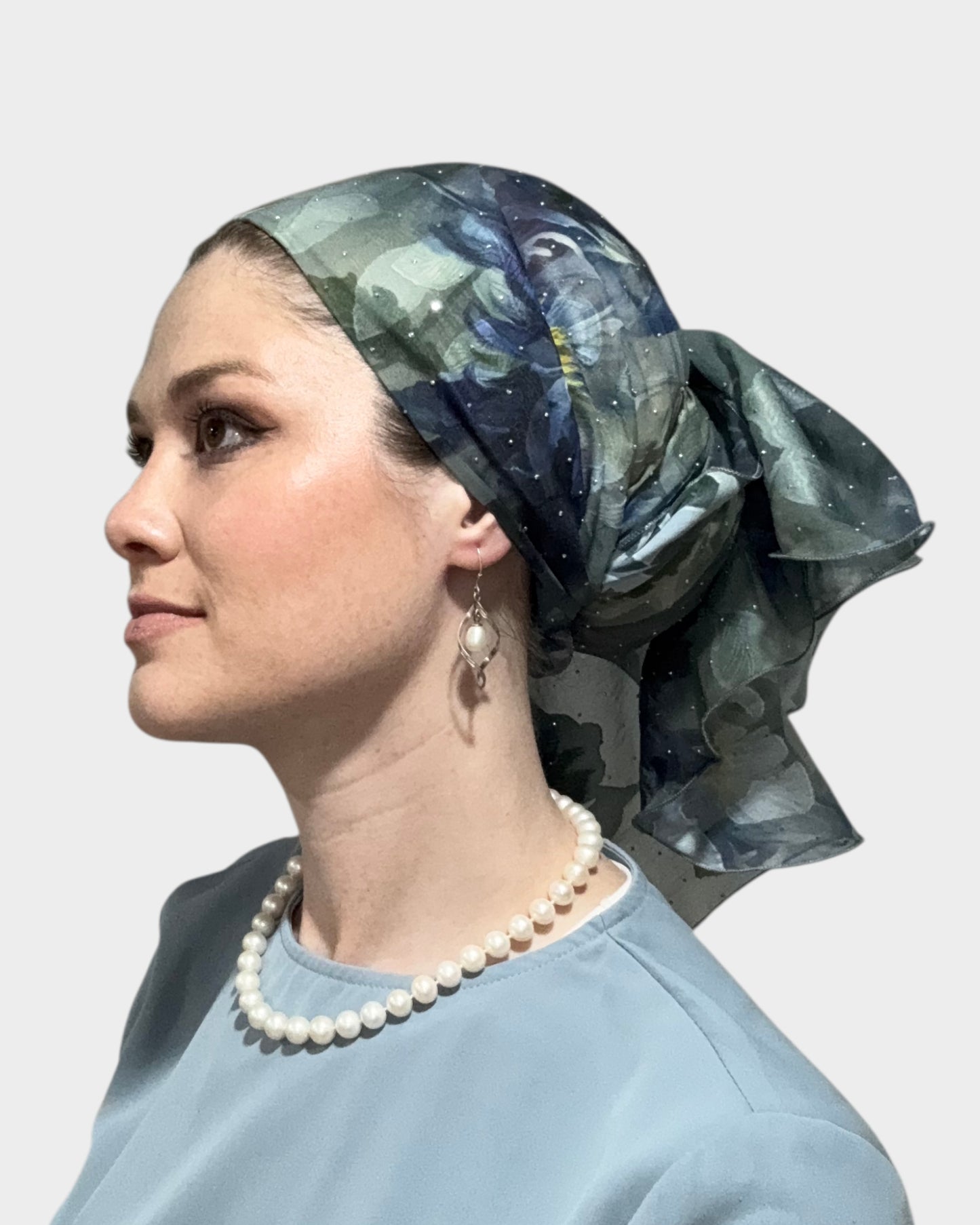 Rinati Blue Magnolia Long Scarf with Scrunchie