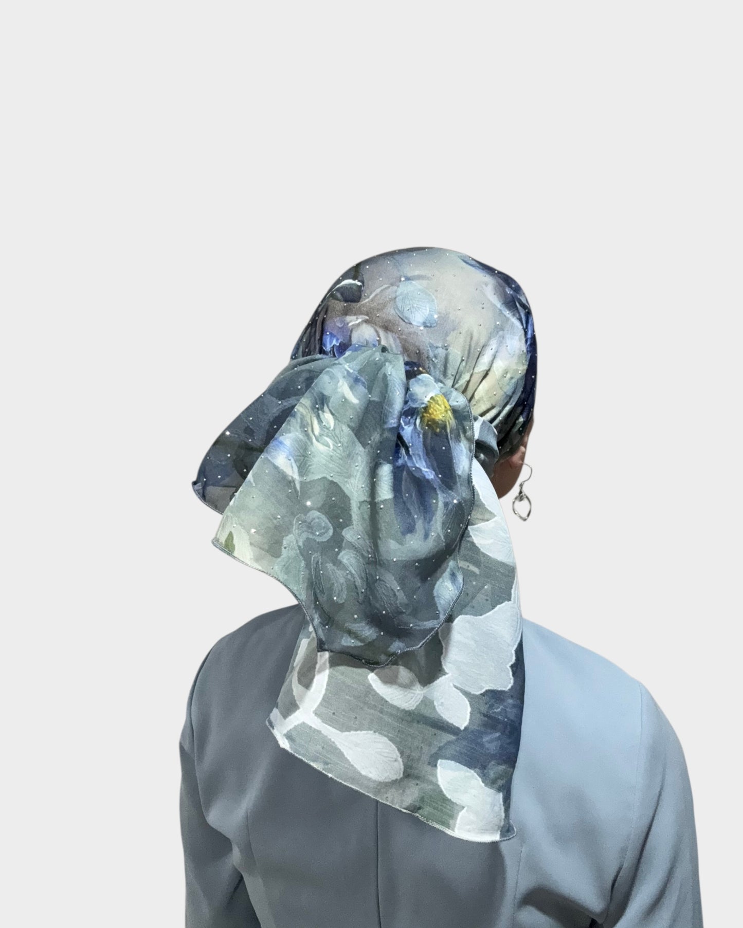 Rinati Blue Magnolia Long Scarf with Scrunchie