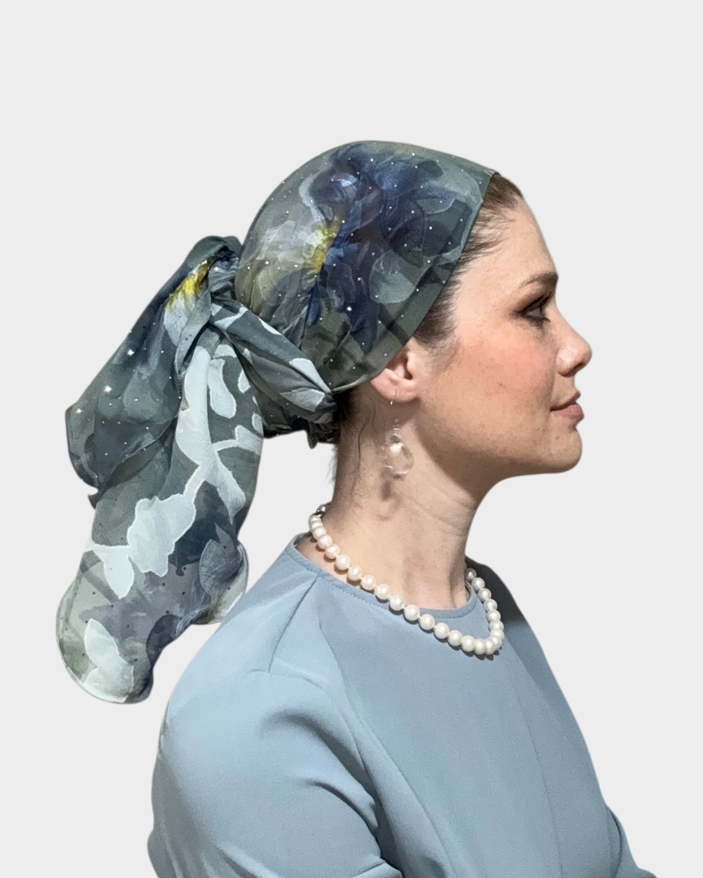 Rinati Blue Magnolia Long Scarf with Scrunchie