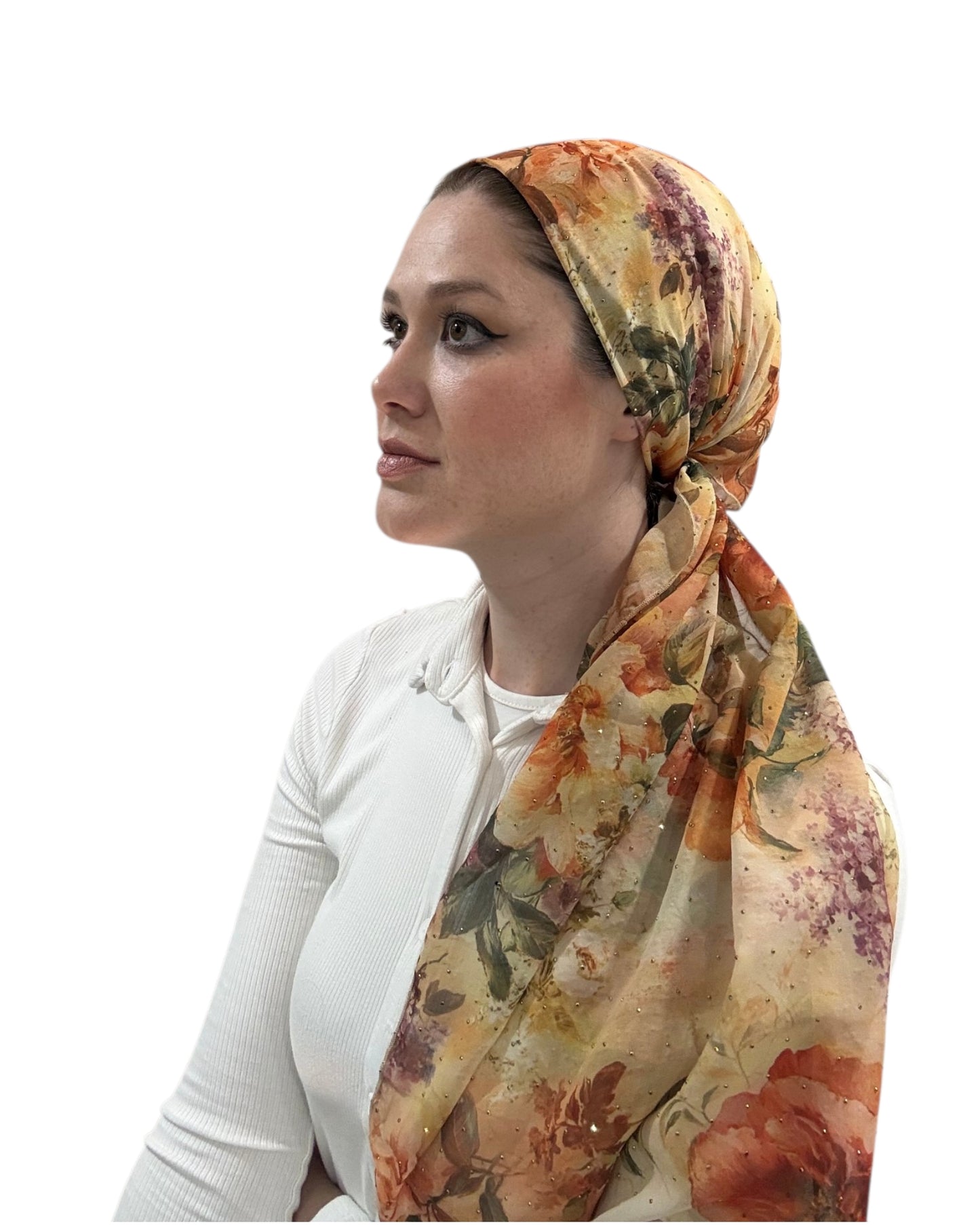 Rinati Summer Floral Long Scarf With Rhinestones