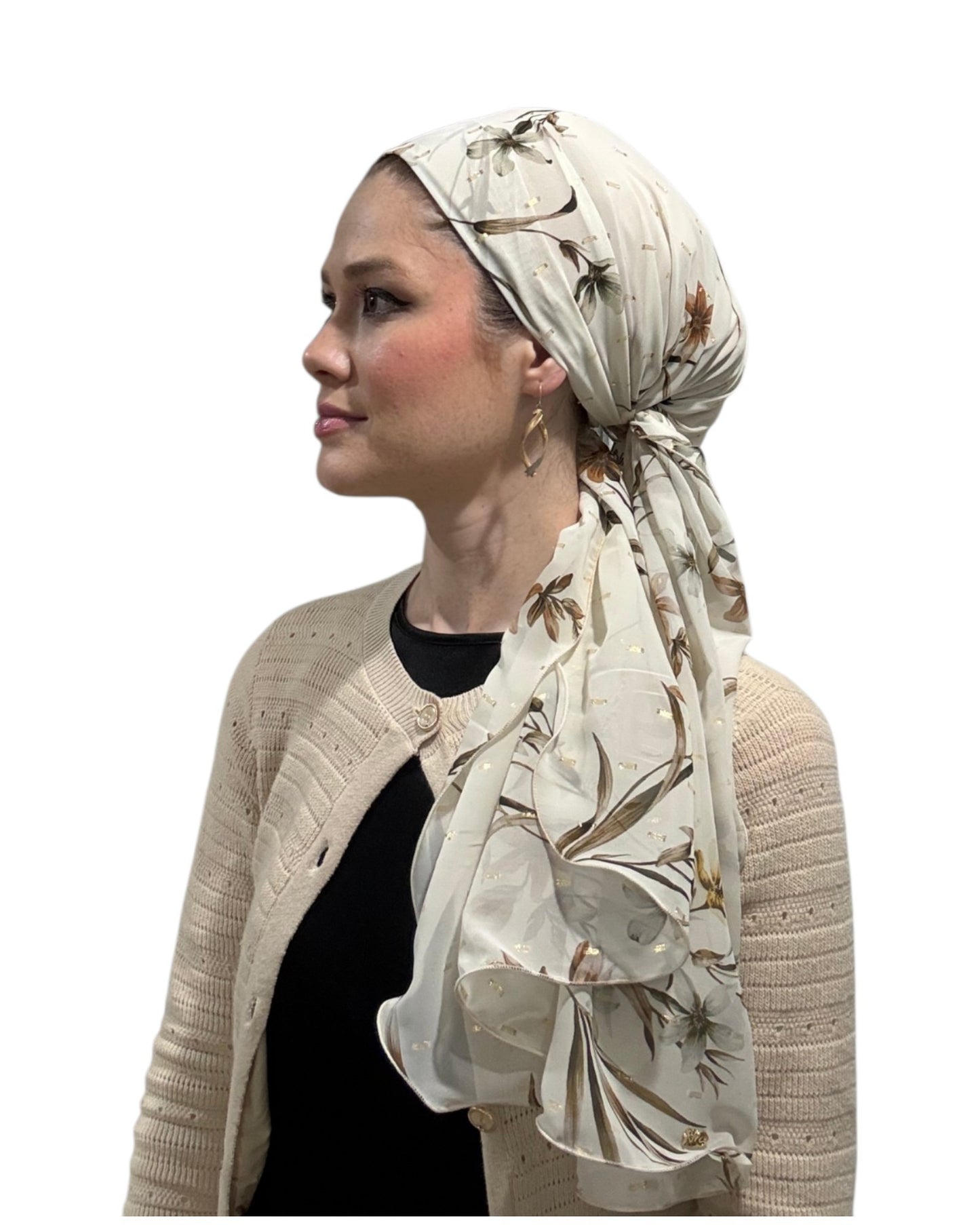 Rinati Lakel Cream Floral Long Scarf with Scrunchie