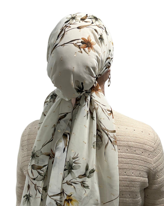 Rinati Lakel Cream Floral Long Scarf with Scrunchie - Keter Hayofi Mitpachot