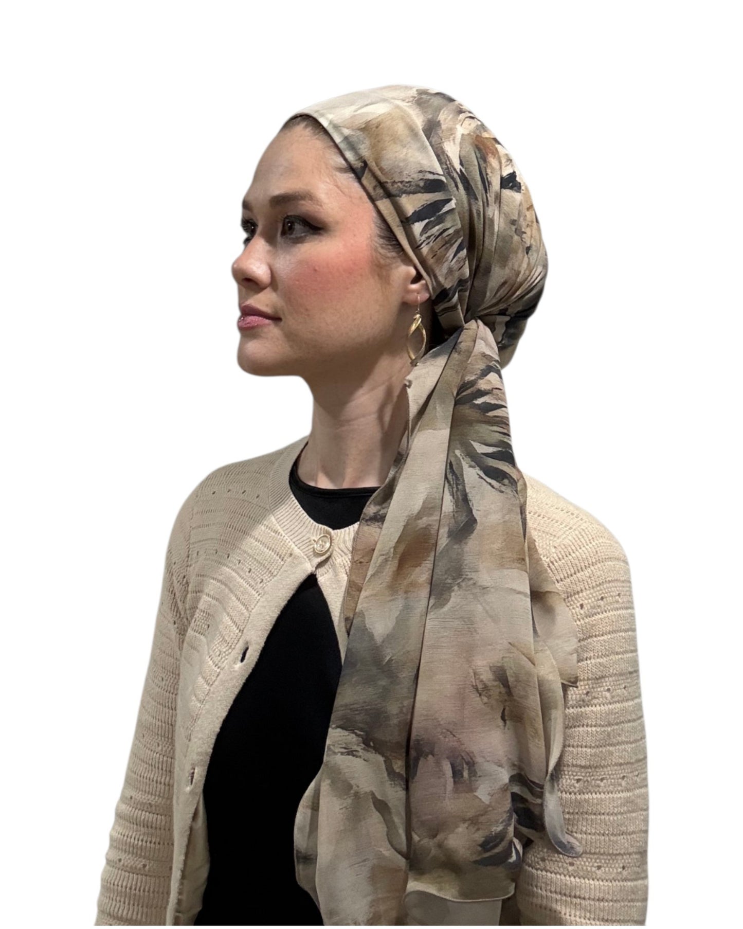 Rinati Lakel Beige/Green Long Scarf with Scrunchie
