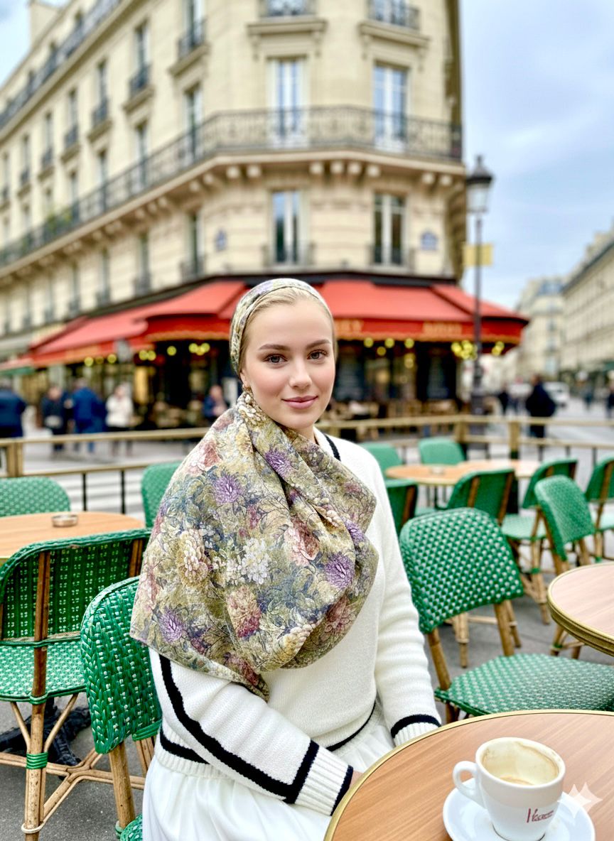 Rinati Green Floral Long Scarf with Scrunchie