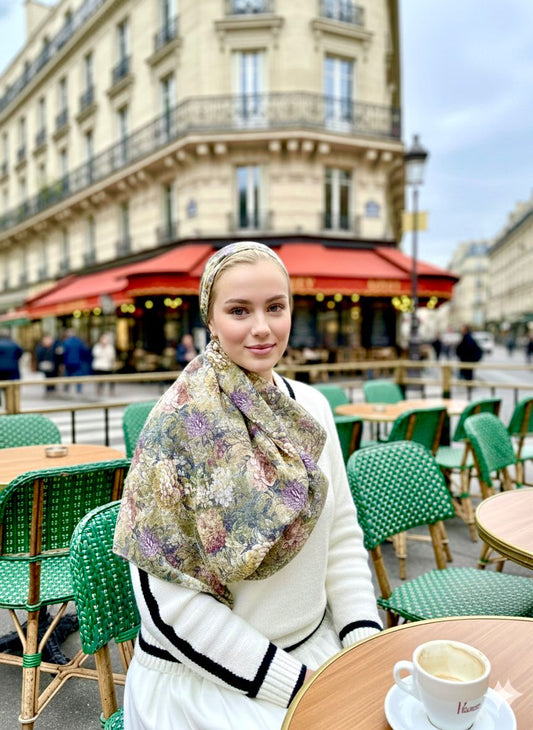 Rinati Green Floral Long Scarf with Scrunchie