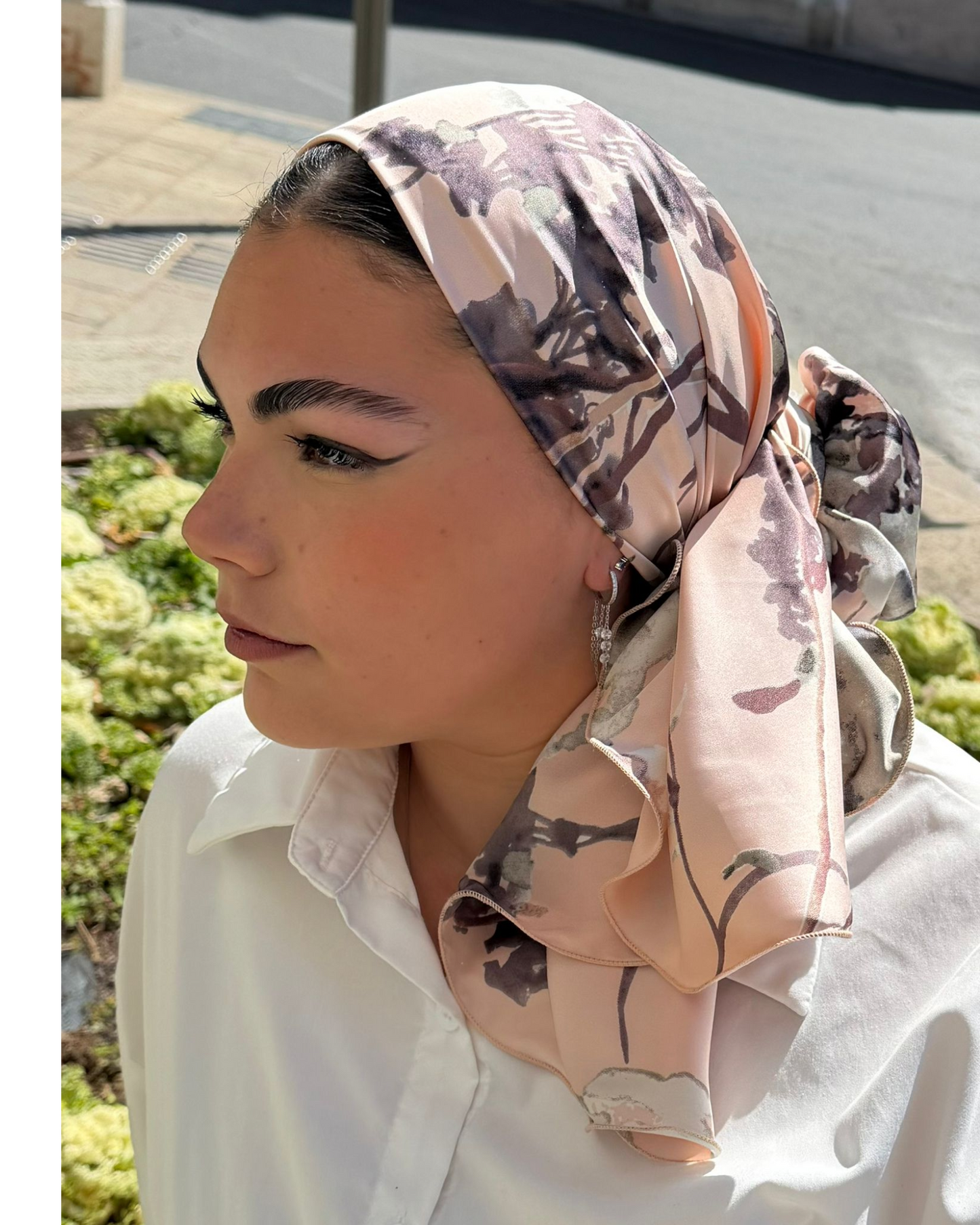 Rinati Salmon Pink Floral Long Scarf with Scrunchie - Keter Hayofi Mitpachot