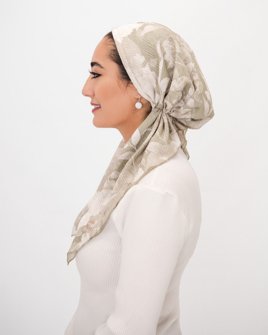 Olive Whisper Pretied Scarf- Shorter Tails - Keter Hayofi Mitpachot