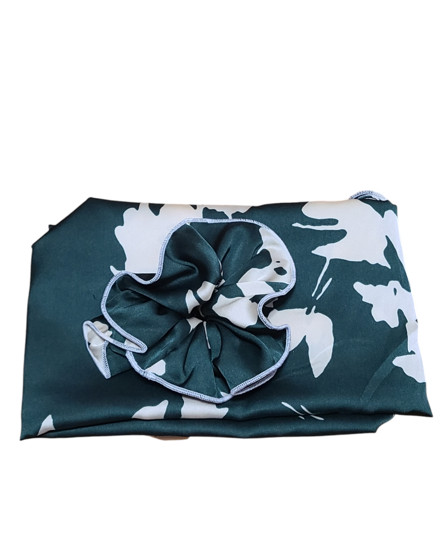 Hunter Green Printed Long Scarf with Scrunchie (No Fringes)