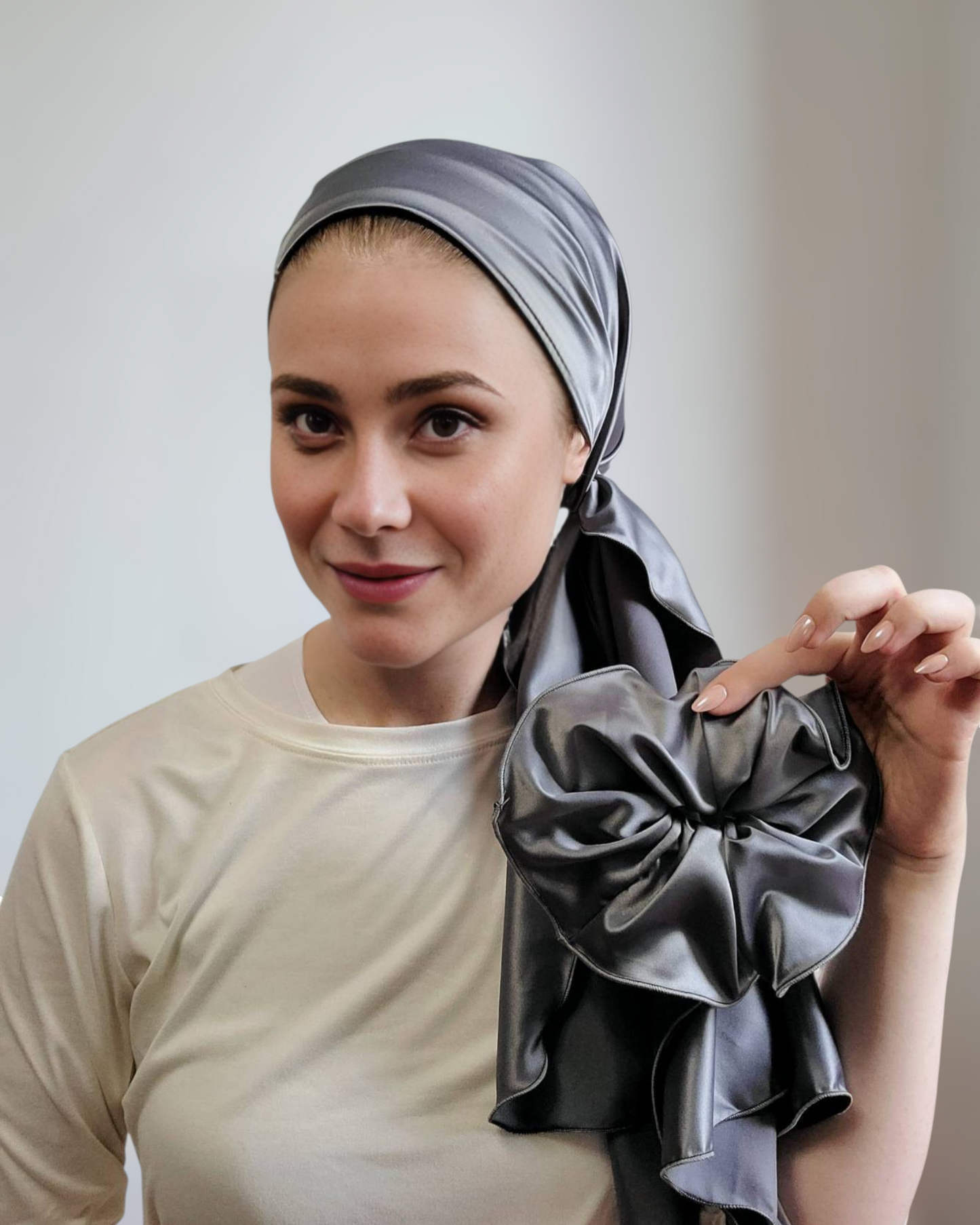 Rinati Lakel Dark Grey Silk Scarf with Scrunchie