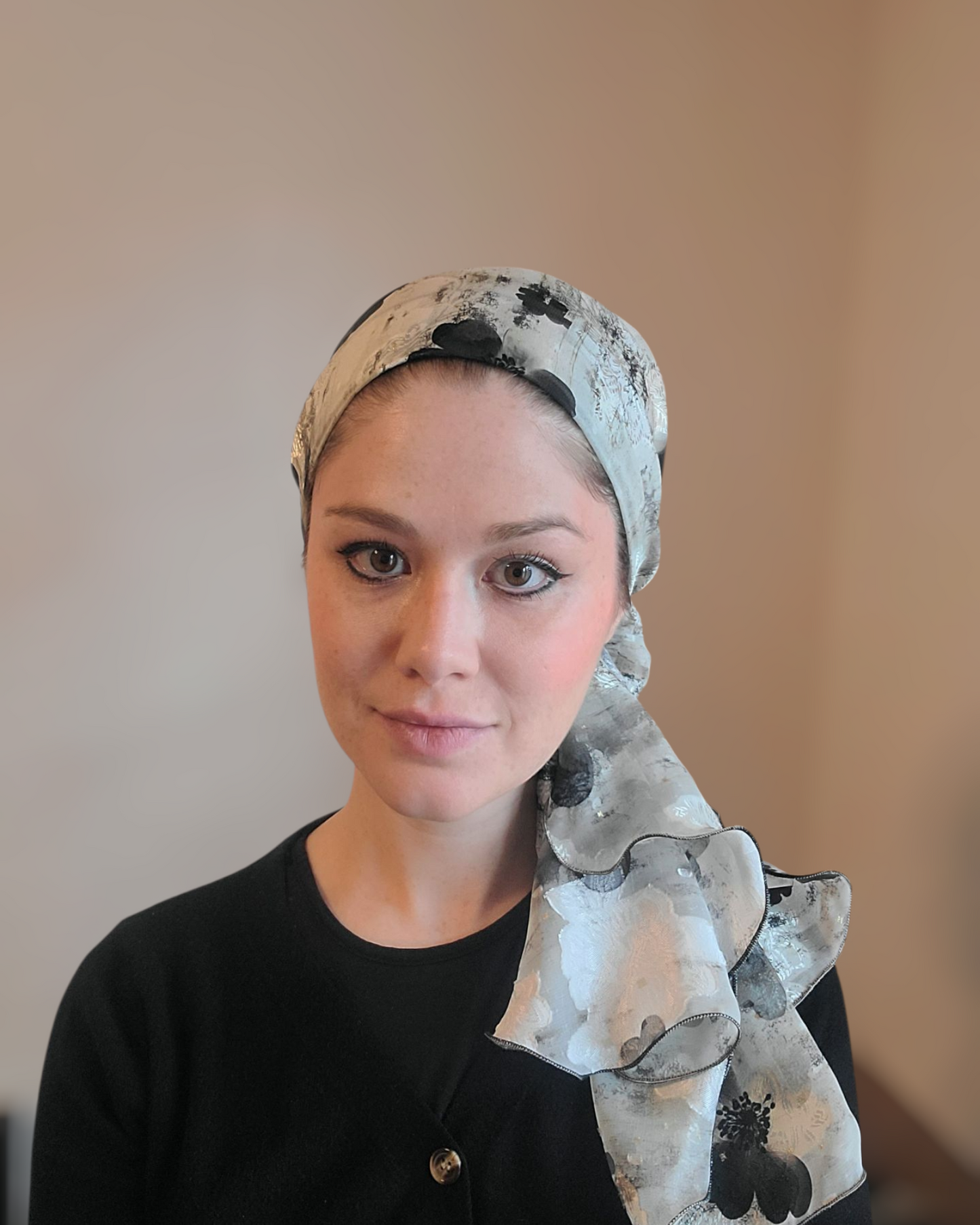 Rinati Cream/Black Printed Long Scarf with Scrunchie