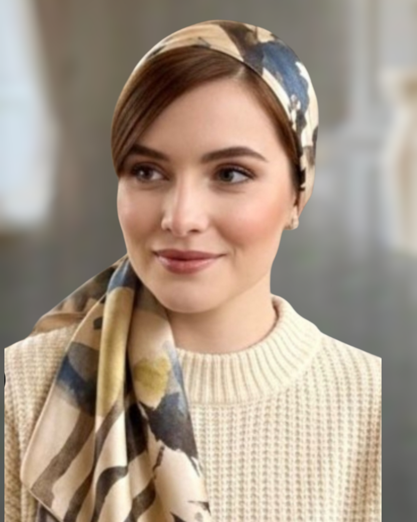 Rinati Teal Printed Silky Scarf with Scrunchie