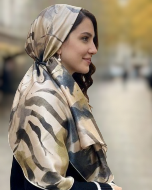 Rinati Teal Printed Silky Scarf with Scrunchie