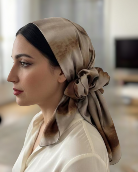 Rinati Taupe Printed Silky Scarf with Scrunchie