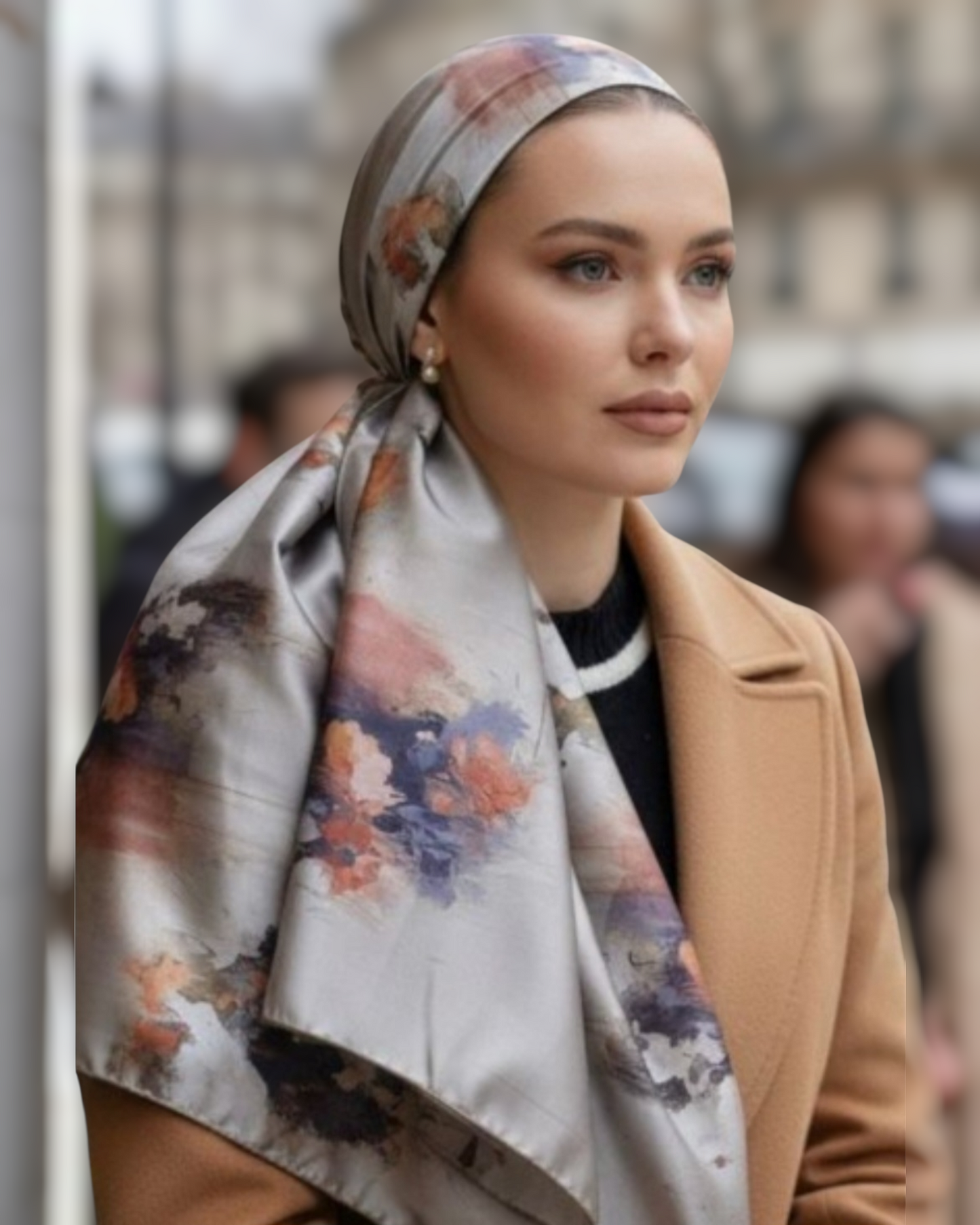 Rinati Taupe Printed Silky Scarf with Scrunchie
