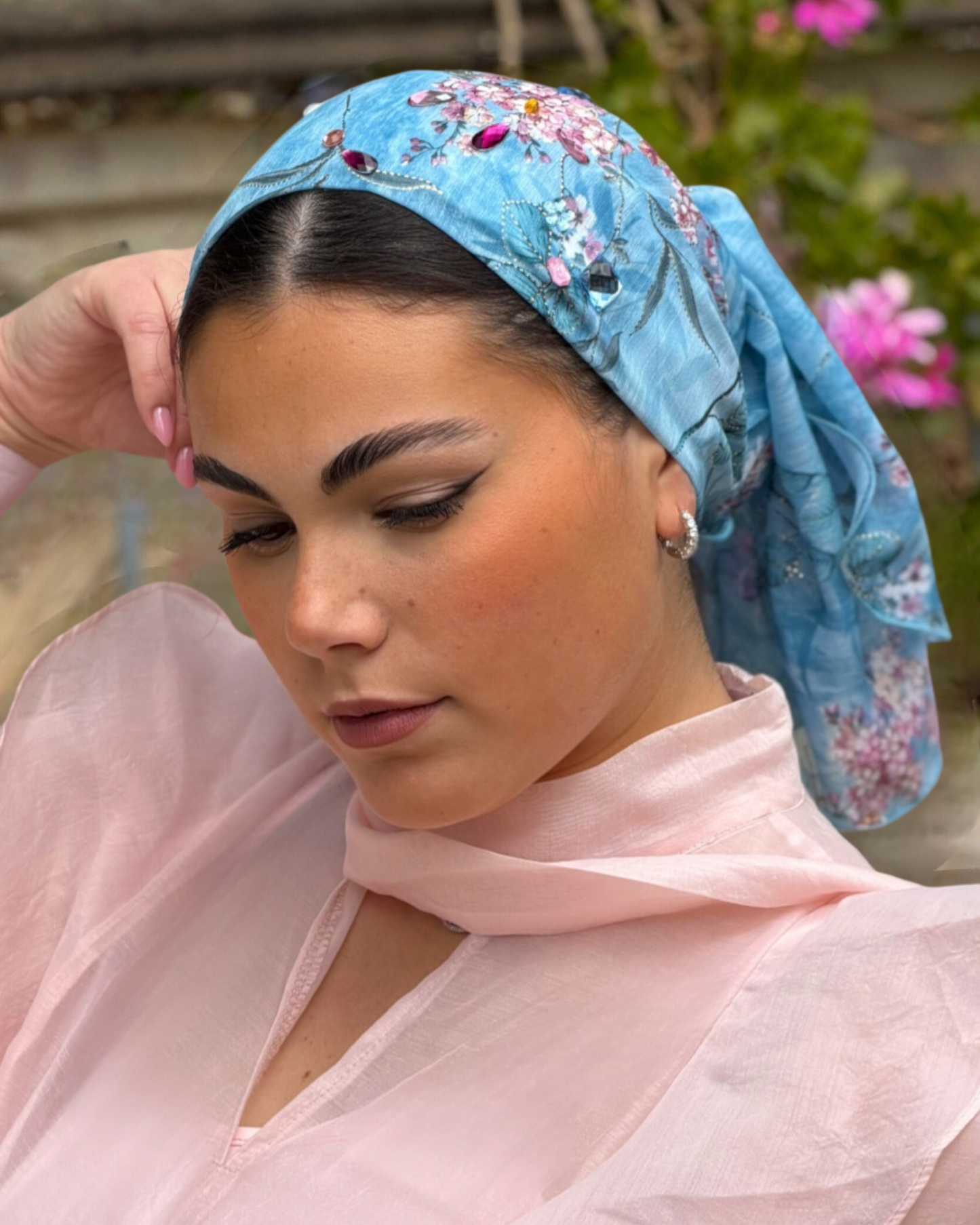 Rinati Blue Floral Long Scarf with Scrunchie - Keter Hayofi Mitpachot