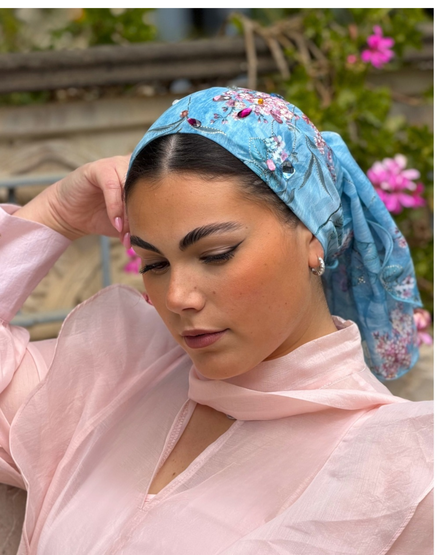 Rinati Blue Floral Long Scarf with Scrunchie - Keter Hayofi Mitpachot