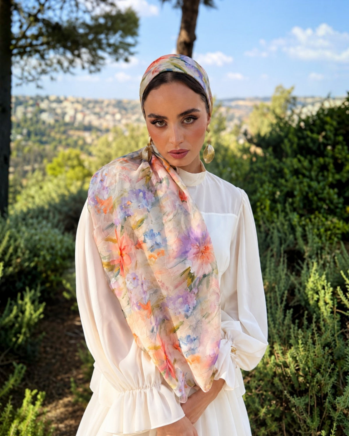 Rinati Lakel Floral Long Scarf with Scrunchie
