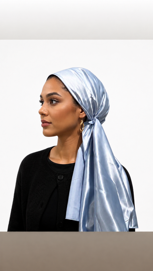 Rinati Light Blue Silky Solid Scarf with Scrunchie - Keter Hayofi Mitpachot