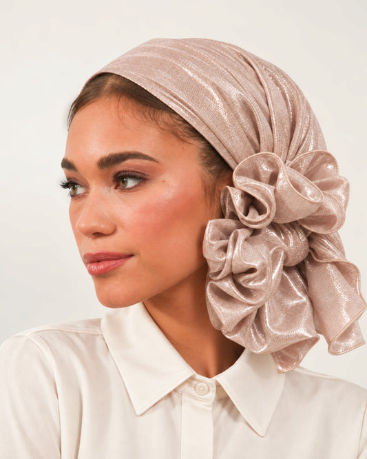 Rinati Lakel Long Shimmery Scarf with Scrunchie - Keter Hayofi Mitpachot