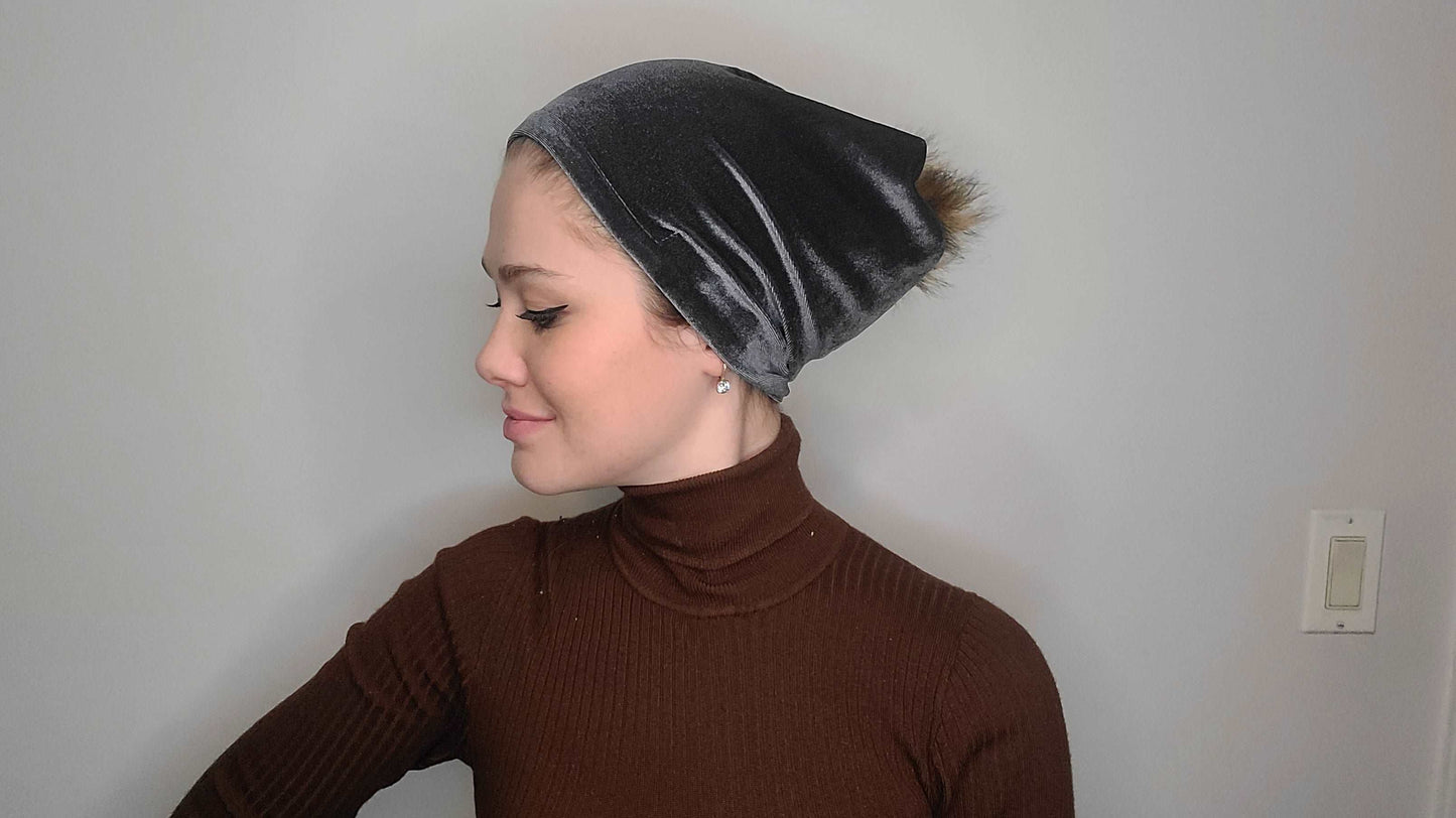 Velvet Beanie with Grip with Pom Pom