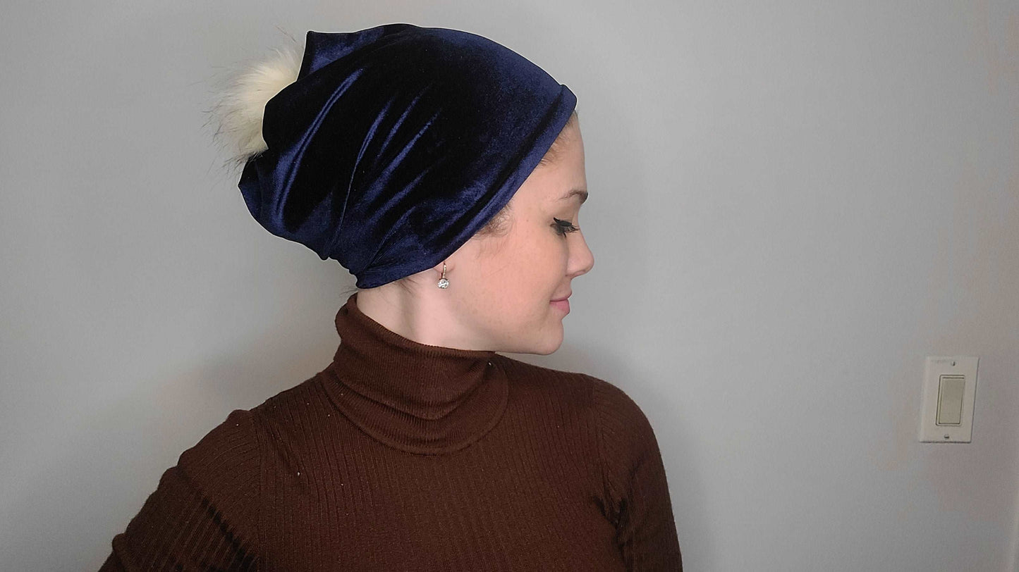 Velvet Beanie with Grip with Pom Pom